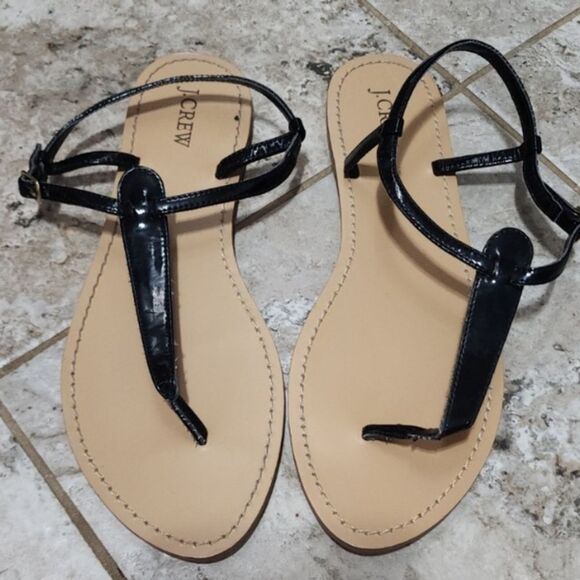 J CREW Sandals T Strap Thong Ankle Strap Patent Leather Black Size 10 - Picture 1 of 4